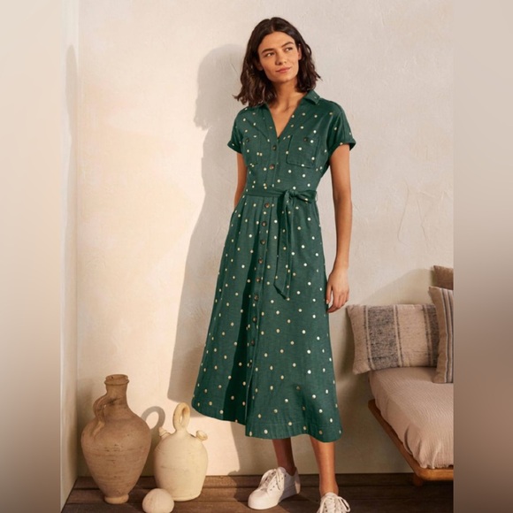 Boden Dresses & Skirts - Boden Thomasina 100% Cotton Green Gold Polka Dot Jersey Midi Dress